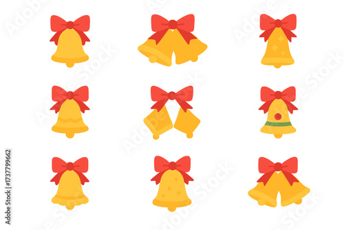 Christmas bell flat icon set. featuring bells with ribbons, stars, stripes, and holiday designs