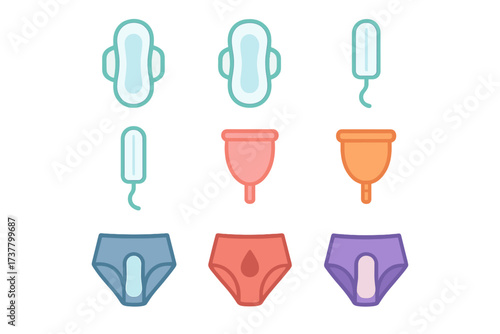 Feminine hygiene neon icon set. featuring pad, tampon, menstrual cup, period underwear symbols