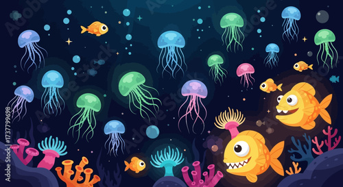 Vibrant Underwater World with Jellyfish and Fish Cartoon Illustration.