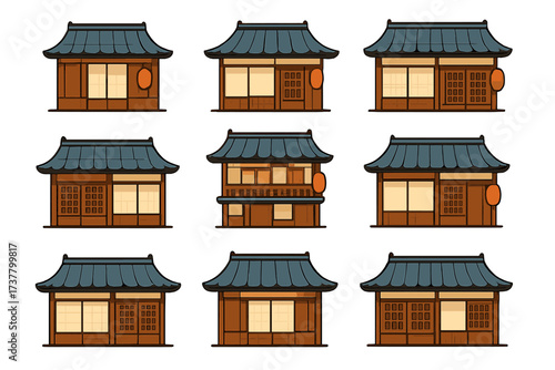 Traditional japanese architecture flat icons set. featuring teahouse, ryokan, lantern, pagoda, and temple symbols