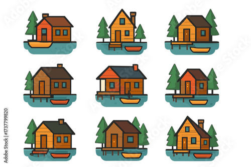 Cabin and lake flat icon set. featuring cabin, boat, lake, forest, wooden house, and dock symbols