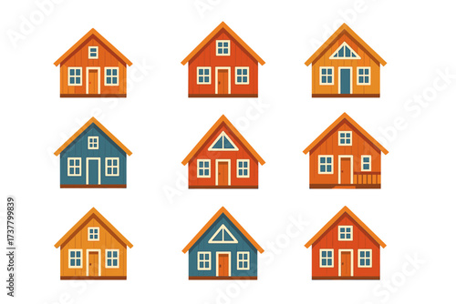 Real estate silhouette icon set. featuring houses, doors, windows, roofs, and porches