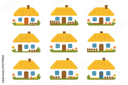 Village homes flat icon set. featuring houses, cottages, fences, gardens, and rooftops