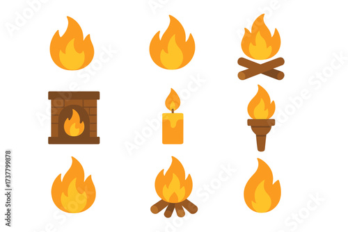 Fire theme flat icon set. featuring flame, campfire, torch, candle, fireplace symbols
