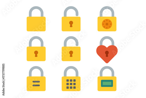 Security flat icon set. featuring padlock, firewall, heart, menu, keypad, and lock screen symbols