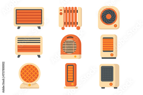 Heating appliances flat icon set. featuring heater, radiator, fan, and warmer symbols