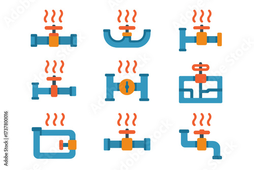 Industrial silhouette icon set. featuring valve, pressure, flow, pipe, and boiler symbols