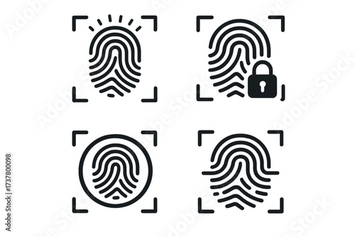 Security and identification silhouette icon set. featuring fingerprint, lock, and scan symbols