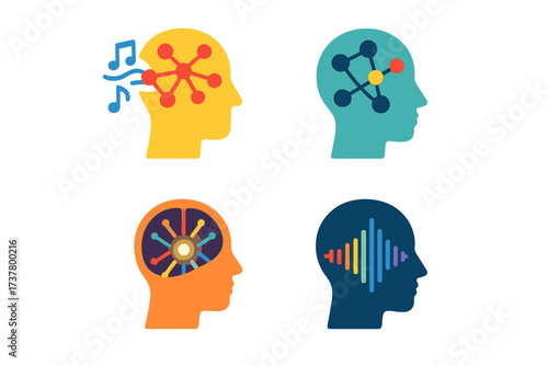 Brain activities flat icon set. featuring music, network, mind, and soundwave symbols