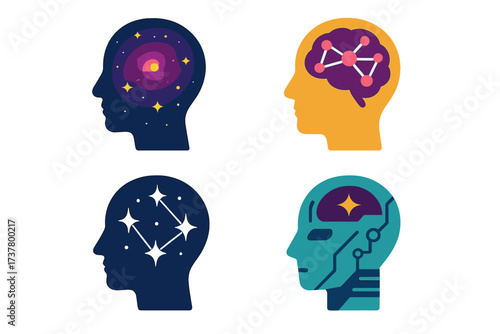 Science and technology silhouette icon set. featuring galaxy, network, constellation, and cyborg head symbols