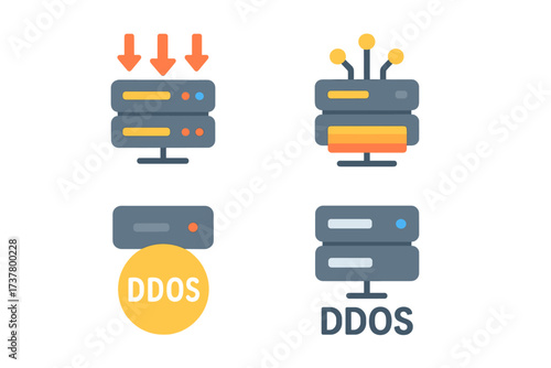 Cybersecurity flat icon set. featuring ddos, server, and threat detection symbols