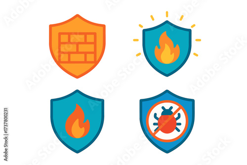Security protection silhouette icon set. featuring firewall, shield, antivirus, and cyber security symbols
