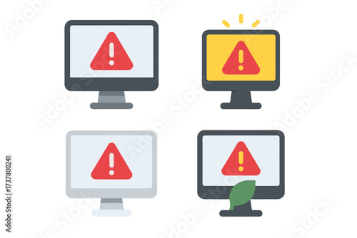 Warning signs flat icon set. featuring computers, danger, screens, alerts, notifications, error, risk symbols