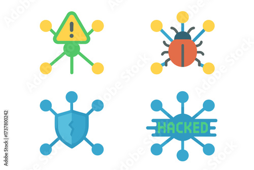 Cybersecurity flat icon set. featuring alert, malware, shield, network hacked symbols