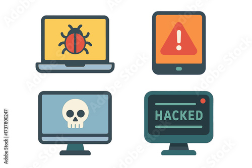 Cybersecurity threats flat icon set. featuring bug, alert, skull, and hacked symbols