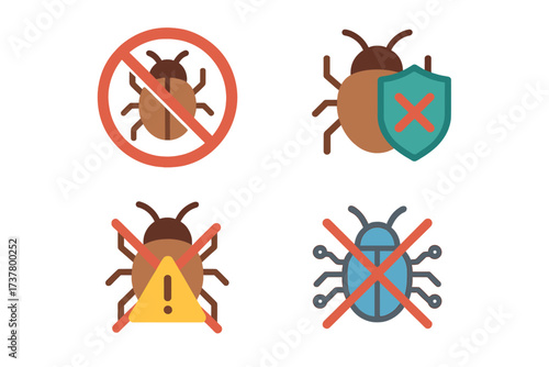 Antivirus and malware protection flat icon set. featuring bug, shield, warning, security, and restriction symbols