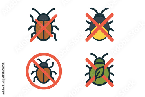 Tag, coffee, plant, and search icons set. featuring crossed-out bugs.