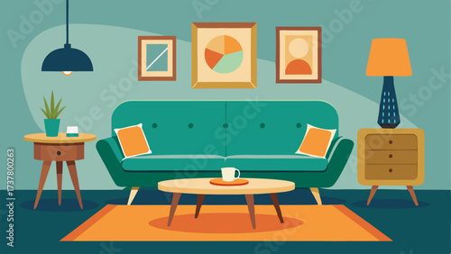 A living room with a mix of old and new featuring a vintage velvet sofa and a modern coffee table with clean lines.