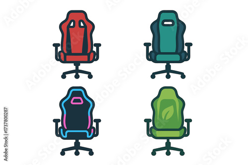Gaming chairs silhouette icon set. featuring ergonomic, racing, armrest, swivel, and adjustable designs