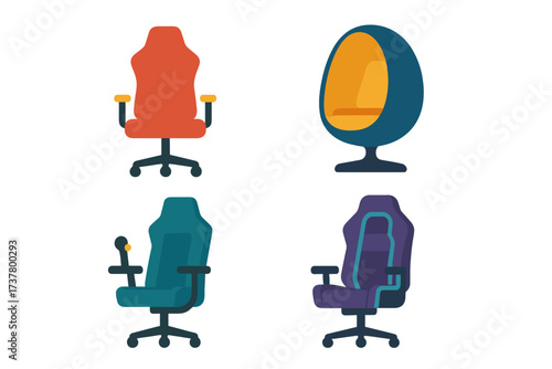 Office chairs flat icon set. featuring egg, gaming, executive, and swivel chair symbols