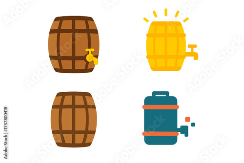Brewery equipment flat icon set. featuring barrel, tap, keg, and fermenter symbols