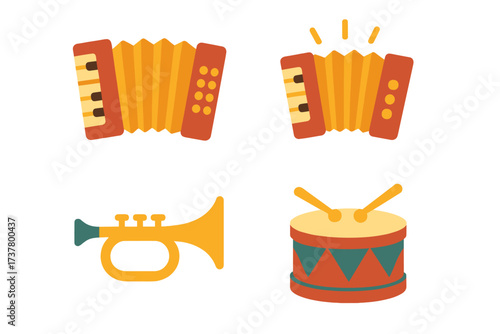 Musical instruments flat icon set. featuring accordion, horn, and drum