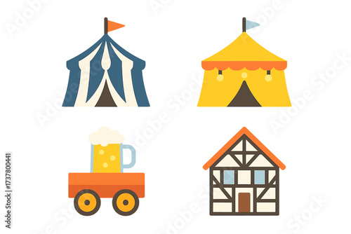 Festival and fair flat icon set. featuring circus tent, beer wagon, theater, and market stall symbols