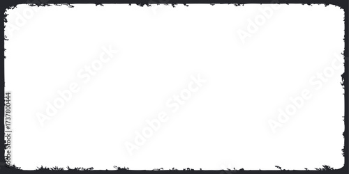 Grunge rectangular frame with distressed edges in black. Rough textured border creates a vintage, worn-out effect for photos or artwork. Ideal for retro, abstract, or creative graphic design.