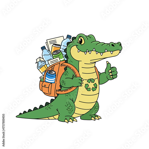 Cheerful Alligator with Backpack Full of Recyclables Giving Thumbs Up