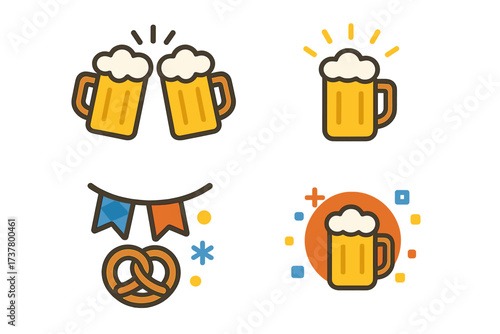 Oktoberfest flat icon set. featuring beer mugs, pretzel, banners, and festive symbols