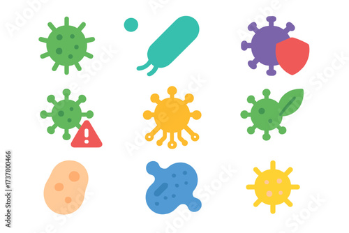 Virus and bacteria flat icon set. featuring germs, shield, warning, disease, infection, and microbiology symbols