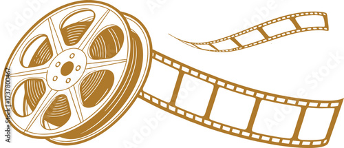 Retro film reel with unwinding movie strip in vintage illustration style. Classic cinema and concept vector art. Perfect for entertainment, or media design themes.