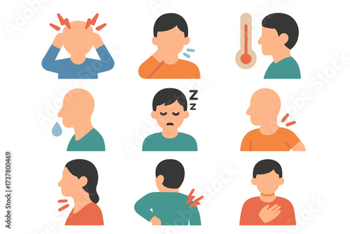 Health symptoms flat icon set. featuring headache, fatigue, fever, sweating, and joint pain symbols