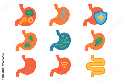 Stomach health flat icon set. featuring nutrition, probiotics, protection, bacteria, technology, and wellness symbols