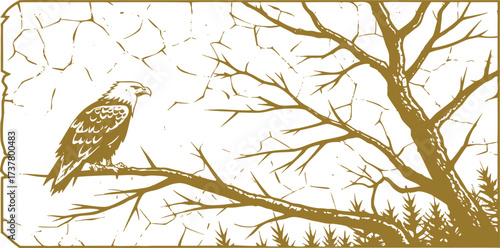 Majestic eagle perched on a bare tree branch in vintage sketch style. Nature and wildlife illustration with forest background. Rustic vector design for outdoor or wildlife themes.
