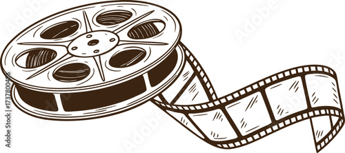 Vintage film reel with unwinding strip in retro sketch style. Classic cinema icon for movie,, or media design. Hand-drawn vector illustration for creative projects.
