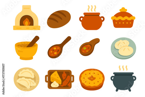 Cooking foods flat icons set. featuring bread, pot, pie, bowl, spoon, dumplings, casserole