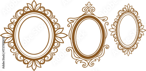 Ornamental oval frame set with vintage floral scroll designs. Elegant brown decorative outlines for artwork, photo, or invitation templates. Classic border style for stylish presentation.