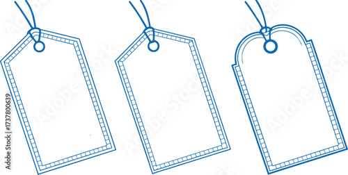 Blue tag illustration set with outlined hanging label designs. Blank retro style templates in multiple shapes for price, gift, or craft projects. Simple decorative outline with string detail.
