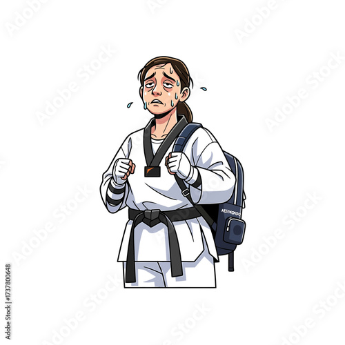 Exhausted Taekwondo Student with Backpack and Black Belt After Training