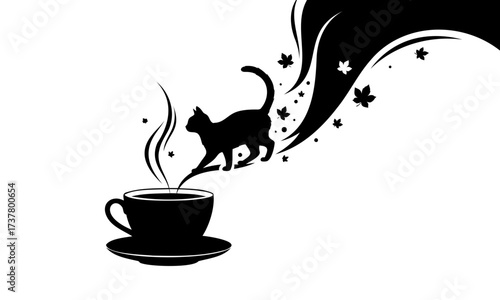 Whimsical black cat silhouette emerging from a steamy coffee cup with a magical trail