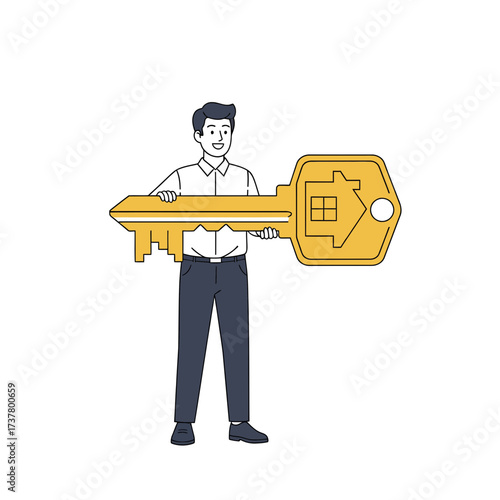 Smiling Man Holding a Giant Golden Key Representing Home Ownership