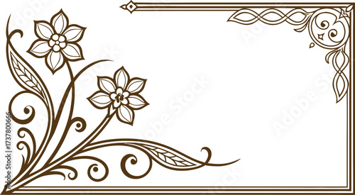 Elegant floral border frame illustration with swirling leaves and flowers. Vintage decorative outline design in brown style for certificate, invitation, or artwork. Classic ornamental template.