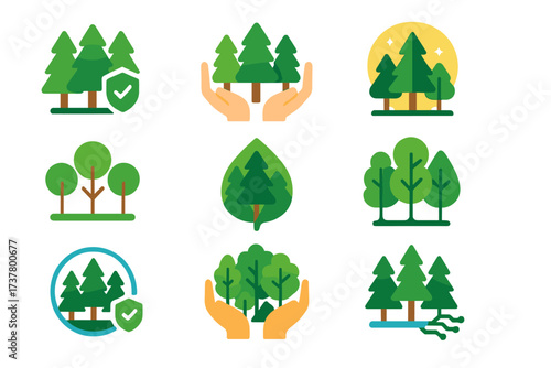 Nature conservation silhouette icon set. featuring trees, hands, sun, forest, and leaf symbols