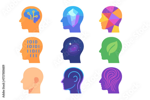 Human head silhouette icon set. featuring ai, crystal, colorful, binary, cosmic, leaf, blank, outline, hair