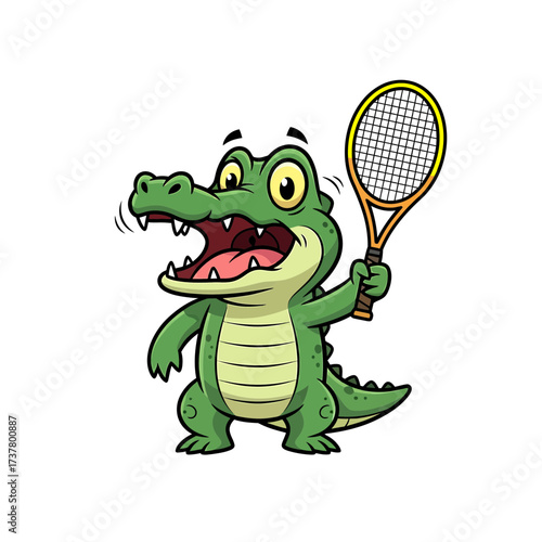 Cartoon Alligator with Tennis Racket Playful Reptile Ready for a Match