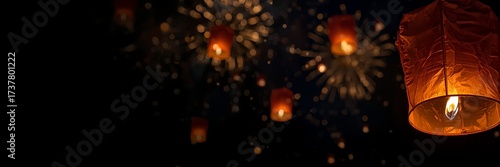 New Year 2026 themed background and banner, Bokeh background with dark sky and influenced by flying lanterns and exploding fireworks