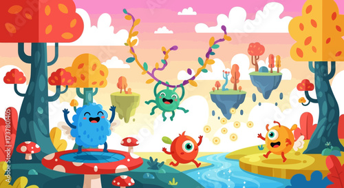 Whimsical Monsters in a Colorful Cartoon Landscape, Playful Creatures Having Fun.