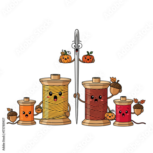 Animated Sewing Spools and Needle Celebrating Autumn with Pumpkins and Acorns