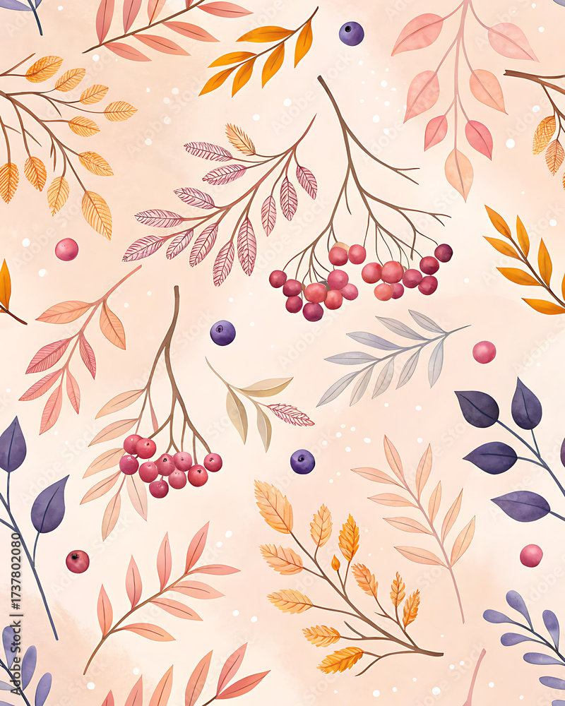 Fototapeta premium Pastel background with delicate patterns of autumn berries and openwork twigs